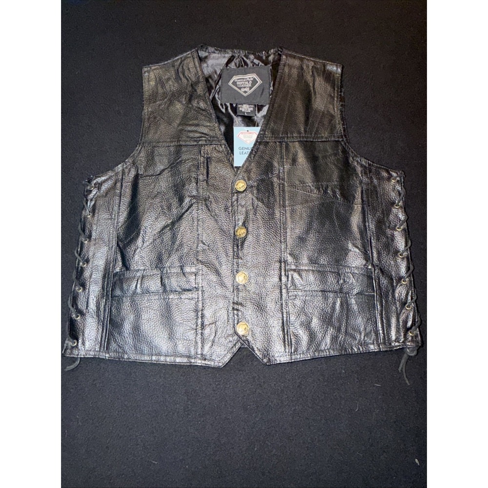 Diamond Plate Buffalo Leather Motorcycle Buffalo Nickel Faux Vest Snaps Mens Lrg